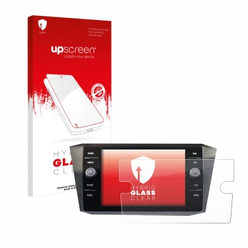 Front side of a product packaging with the brand logo upscreen. Next to it is the device Volkswagen Tiguan Discover Media 8