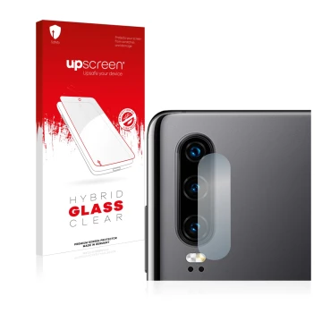 Front side of a product packaging with the brand logo upscreen. Next to it is the device Huawei P30 (ONLY Camera Lens) shown w