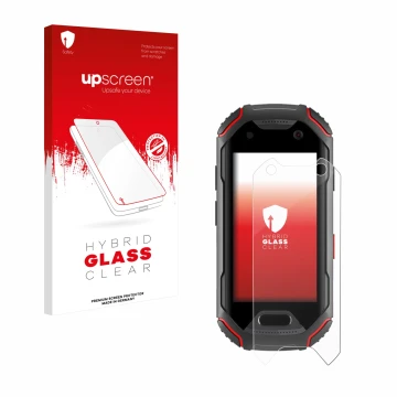Front side of a product packaging with the brand logo upscreen. Next to it is the device Unihertz Atom shown with the correspo