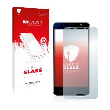 Front side of a product packaging with the brand logo upscreen. Next to it is the device Samsung Galaxy J5 2016 shown with the