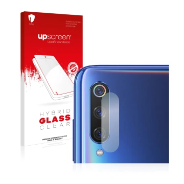 Front side of a product packaging with the brand logo upscreen. Next to it is the device Xiaomi Mi 9 (ONLY Camera Lens) shown 