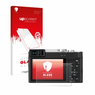 Front side of a product packaging with the brand logo upscreen. Next to it is the device Panasonic Lumix DC-TZ96 shown with th