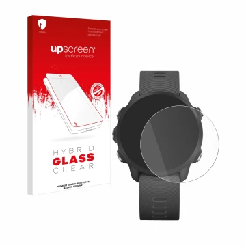 Front side of a product packaging with the brand logo upscreen. Next to it is the device Garmin Forerunner 245 Music shown wit