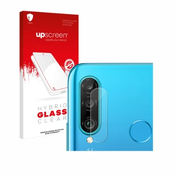 Front side of a product packaging with the brand logo upscreen. Next to it is the device Huawei P30 lite (ONLY Camera Lens) sh