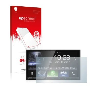 Front side of a product packaging with the brand logo upscreen. Next to it is the device Kenwood DMX7017DABS shown with the co