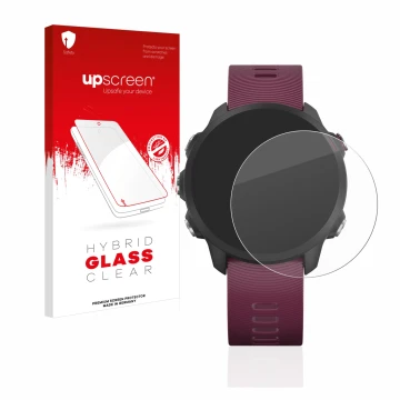 Front side of a product packaging with the brand logo upscreen. Next to it is the device Garmin Forerunner 245 shown with the 