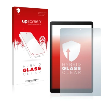 Front side of a product packaging with the brand logo upscreen. Next to it is the device Samsung Galaxy Tab A 10.1 2019 shown 