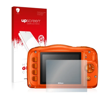 Front side of a product packaging with the brand logo upscreen. Next to it is the device Nikon Coolpix W150 shown with the cor