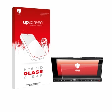 Front side of a product packaging with the brand logo upscreen. Next to it is the device DS 7 Crossback Infotainmentsystem sho