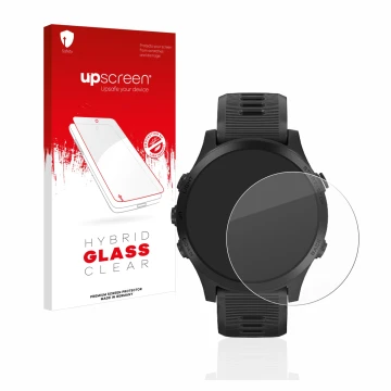 Front side of a product packaging with the brand logo upscreen. Next to it is the device Garmin Forerunner 945 shown with the 