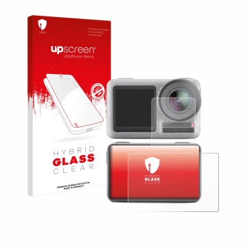 Front side of a product packaging with the brand logo upscreen. Next to it is the device DJI Osmo Action shown with the corres