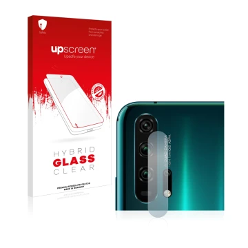Front side of a product packaging with the brand logo upscreen. Next to it is the device Honor 20 Pro (ONLY Camera Lens) shown