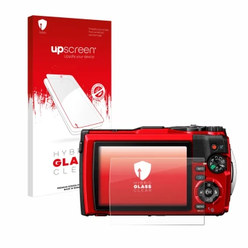 Front side of a product packaging with the brand logo upscreen. Next to it is the device Olympus Tough TG-6 shown with the cor