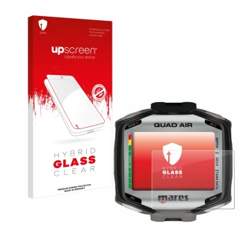 Front side of a product packaging with the brand logo upscreen. Next to it is the device Mares Quad Air shown with the corresp