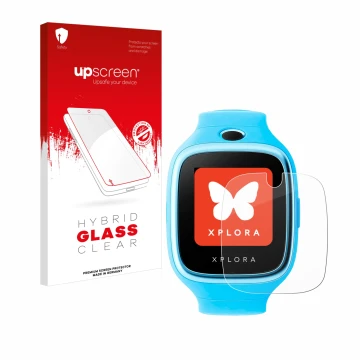 Front side of a product packaging with the brand logo upscreen. Next to it is the device Xplora Go shown with the correspondin