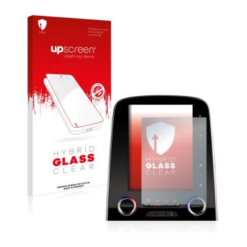 Front side of a product packaging with the brand logo upscreen. Next to it is the device Renault Scenic R-Link 2 8.7