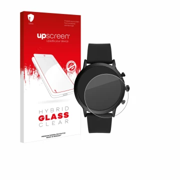 Front side of a product packaging with the brand logo upscreen. Next to it is the device Fossil The Carlyle HR (5.Gen) shown w
