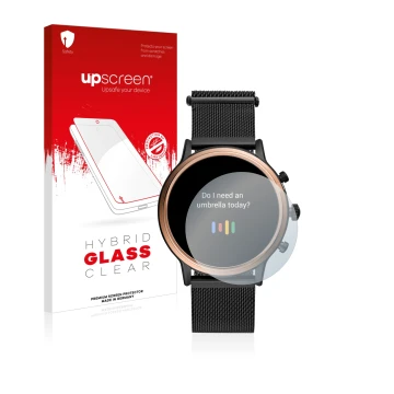 Front side of a product packaging with the brand logo upscreen. Next to it is the device Fossil Julianna HR (5.Gen) shown with