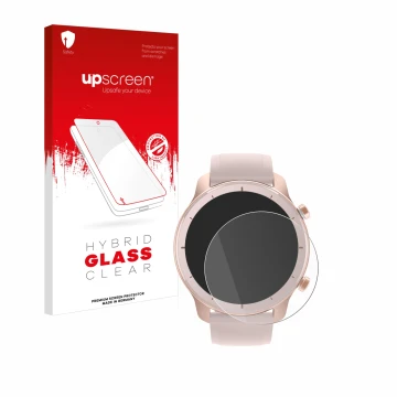 Front side of a product packaging with the brand logo upscreen. Next to it is the device Huami Amazfit GTR (42 mm) shown with 