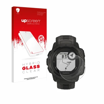 Front side of a product packaging with the brand logo upscreen. Next to it is the device Garmin Instinct Tactical Edition show