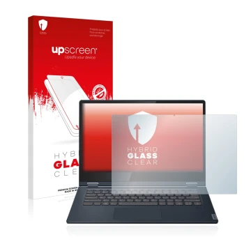 Front side of a product packaging with the brand logo upscreen. Next to it is the device Lenovo IdeaPad C340 14
