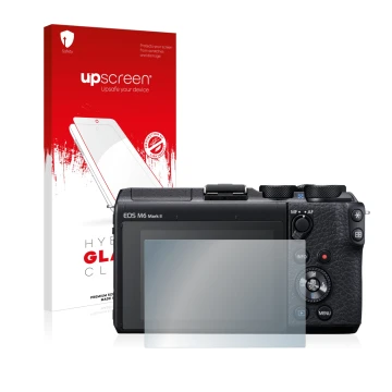 Front side of a product packaging with the brand logo upscreen. Next to it is the device Canon EOS M6 Mark II shown with the c