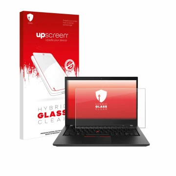 Front side of a product packaging with the brand logo upscreen. Next to it is the device Lenovo ThinkPad T490 Non-Touch shown 