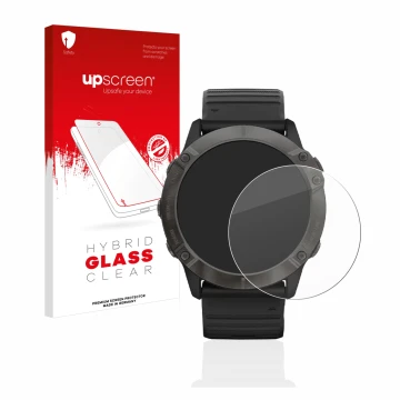 Front side of a product packaging with the brand logo upscreen. Next to it is the device Garmin Fenix 6X Pro shown with the co
