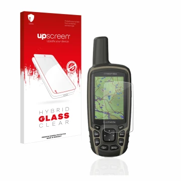 Front side of a product packaging with the brand logo upscreen. Next to it is the device Garmin GPSMAP 64sx shown with the cor