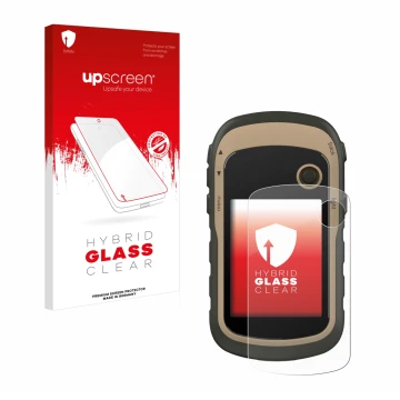 Front side of a product packaging with the brand logo upscreen. Next to it is the device Garmin eTrex 32x shown with the corre