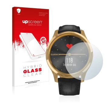 Front side of a product packaging with the brand logo upscreen. Next to it is the device Garmin vivomove Luxe (42 mm) shown wi