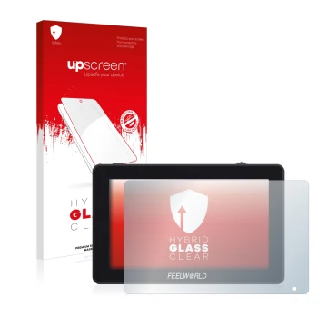 Front side of a product packaging with the brand logo upscreen. Next to it is the device Feelworld F6 Plus shown with the corr