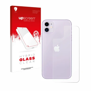 Front side of a product packaging with the brand logo upscreen. Next to it is the device Apple iPhone 11 (Back) shown with the