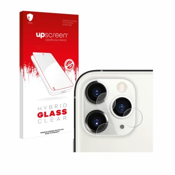 Front side of a product packaging with the brand logo upscreen. Next to it is the device Apple iPhone 11 Pro (ONLY Camera Lens