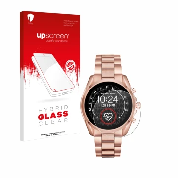 Front side of a product packaging with the brand logo upscreen. Next to it is the device Michael Kors Access Bradshaw 2 shown 