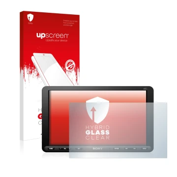 Front side of a product packaging with the brand logo upscreen. Next to it is the device Sony XAV-AX8050D shown with the corre