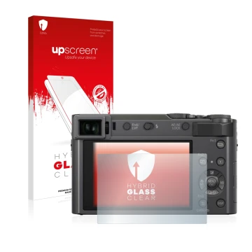 Front side of a product packaging with the brand logo upscreen. Next to it is the device Panasonic Lumix DC-TZ200 shown with t