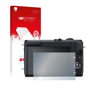 Front side of a product packaging with the brand logo upscreen. Next to it is the device Canon EOS M200 shown with the corresp