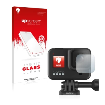 Front side of a product packaging with the brand logo upscreen. Next to it is the device GoPro Hero 8 Black (Lens) shown with 