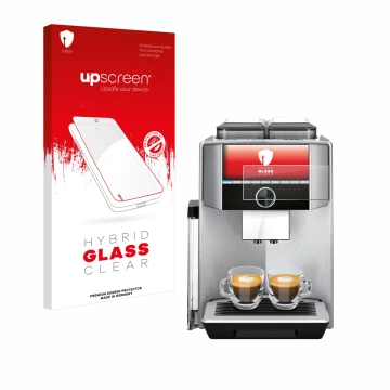 Front side of a product packaging with the brand logo upscreen. Next to it is the device Siemens EQ.9 plus connect s700 4,3