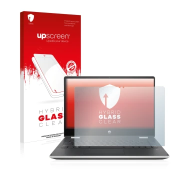 Front side of a product packaging with the brand logo upscreen. Next to it is the device HP Pavilion x360 (14-dhX) shown with 