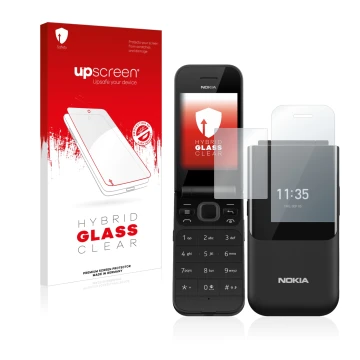 Front side of a product packaging with the brand logo upscreen. Next to it is the device Nokia 2720 Flip shown with the corres