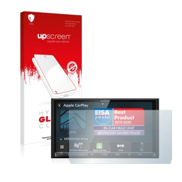 Front side of a product packaging with the brand logo upscreen. Next to it is the device Kenwood DMX8019DABS (with cutout) sho