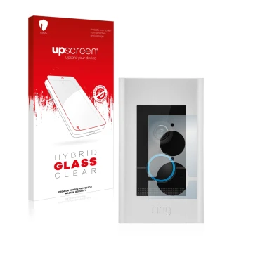 Front side of a product packaging with the brand logo upscreen. Next to it is the device Ring Video Doorbell Elite shown with 