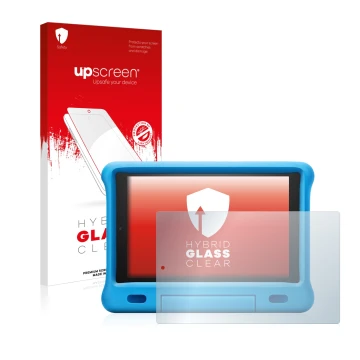 Front side of a product packaging with the brand logo upscreen. Next to it is the device Amazon Fire HD 10 Kids 2019 (9th Gen.
