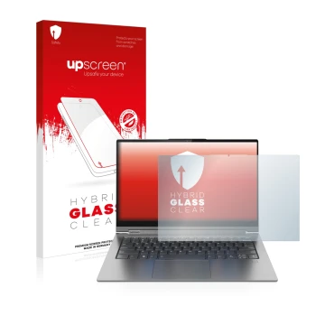 Front side of a product packaging with the brand logo upscreen. Next to it is the device Lenovo Yoga C940 14