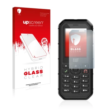 Front side of a product packaging with the brand logo upscreen. Next to it is the device Caterpillar Cat B26 shown with the co