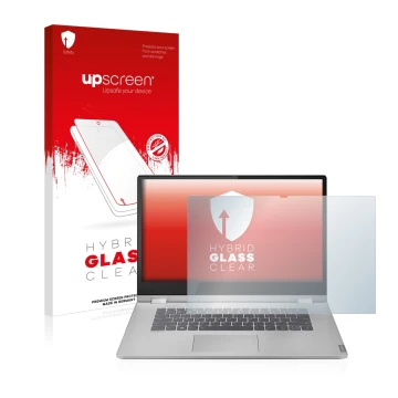 Front side of a product packaging with the brand logo upscreen. Next to it is the device Lenovo IdeaPad C340 15