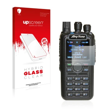 Front side of a product packaging with the brand logo upscreen. Next to it is the device AnyTone AT-D878UV shown with the corr