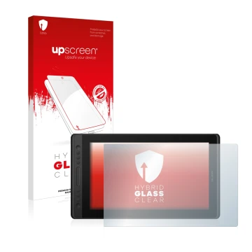 Front side of a product packaging with the brand logo upscreen. Next to it is the device Huion Kamvas Pro 16 Premium shown wit